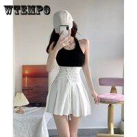 WTEMPO White High Waist Pleated Skirt with Strap Sexy Spicy Girls Temperament Summer 2023 New Solid Color A-line Short Skirts