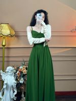 เสื้อผ้าแฟชั่นสำหรับสุภาพสตรี [green mood] small temperament of restoring ancient ways of French design feeling skirt with shoulder-straps female temperament accept waist show thin dress