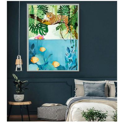 ภาพแอบสแตรกต์รูปศิลปะบนผนังนกและปลาหลากสีสันบนผ้าใบ0717ศิลปะเสือป่าภาพตกแต่งบ้าน