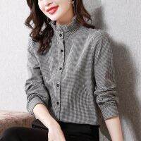 [COD] black and white plaid womens long-sleeved stand-up collar fungus lace top button regular autumn bottoming all-match