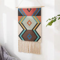 Geometric Wall Art ผ้าพื้นหลังบ้านรูปลอกโบโฮ Macrame ฝ้ายพู่ทอด้วยมือแขวนผนัง Tapestry