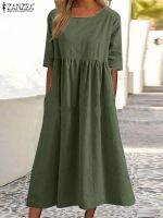 【CW】✔✢  ZANZEA Causal Womens Half Sleeve O-Neck Dresses Mid-Calf Length Robe Female Sundress Kaftan