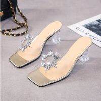 HOT★French high-heeled shoes 2021 summer new thick-heeled crystal shoes sandals womens rhinestone round buckle dress transparent sa