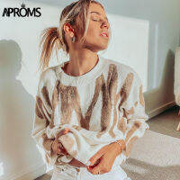 Aproms Korean Fashion Khaki Stripes Print Loose Sweaters Women Winter Hip-Pop Oversized Long Pullovers Streetwear Outerwear