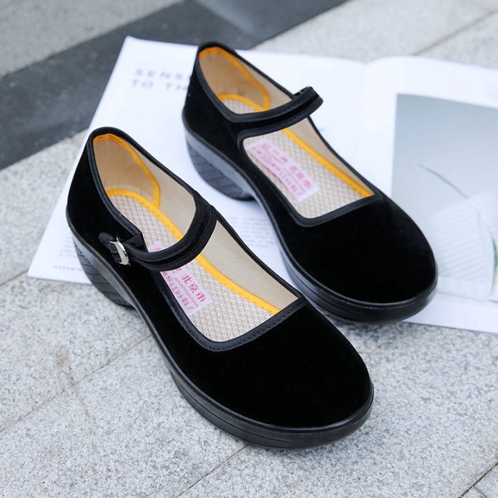 สุภาพสตรีผู้หญิงทำงานลำลองผ้าใบรองเท้าลิ่มสีดำรองเท้าแพลตฟอร์ม