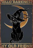 Metal Vintage Tin Sign Decor Cat Witch Halloween Hello Darkness My Old Friend Retro Style Miller Beer Bar Den Halloween Painting