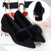 HOT★Real Mink ผม Pointed Toe รองเท้าผู้หญิงฤดูหนาวตุ๊กตารองเท้าส้นสูงปั๊มคุณภาพสูงสุภาพสตรีขนรองเท้าส้นสูง Sapato feminino