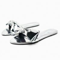 TRAF Silver Bow Flats Sandals For Women Chic Outdoor Slippers Ladies Casual Slides Female Sexy Summer Beach Sandals Flat Shoes