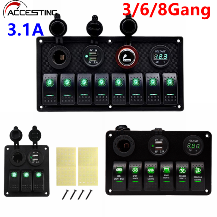 3/6/8 Gang 12V Green LED Rocker Switch Panel Marine Waterproof Switch Panel  with Dual USB Charging Ports for Car RV Truck Boat Lazada PH