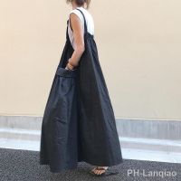 【LZ】□❀  Vestido japonês de suspensão casual bolsos laterais robe Midi solto vestido sólido com todos os fósforos novo verão 2023