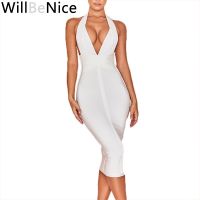 【YF】 WillBeNice White Pink Bandage Dresses 2019 Deep v Neck Sexy Bodycon Dress Party Women Halter Backless Rayon China