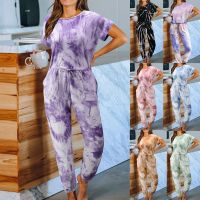 European and American tie-dye pajamas womens summer 2022 new loose short-sleeved round neck one-piece ladies home clothes ❤