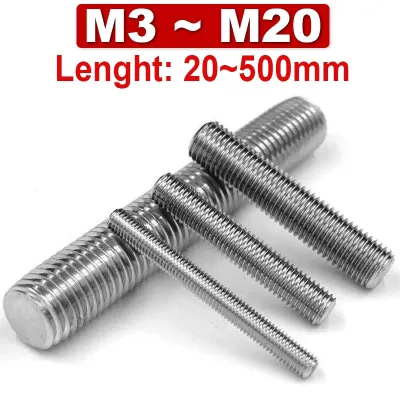 304 Stainless Steel Full Thread Bar Screw Threaded Tooth StripThreaded Rod M3 M4 M5 M6 M8 M10 M12 M14 M16M18M20 Length 20 500mm