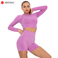 Nessaj ชุดเล่นโยคะสำหรับผู้หญิงแขนยาวและกางเกงขาสั้น Solid Seamless ออกกำลังกายชุดวิ่ง2Pcs แห้งเร็วชุด