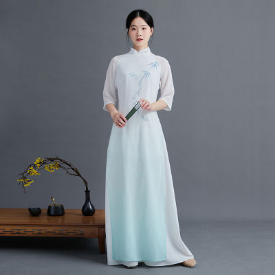 2022ผู้หญิงจีน Retro ปรับปรุง Hanfu พิมพ์กระโปรงยาว Cheongsam Ao Dai Gradient ชา Clothes