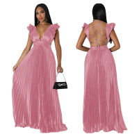 Summer New Silk Sexy Backless Deep V Pleated Dress Long Skirt