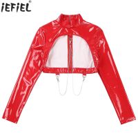 Sexy Women Exotic Tanks Glossy Wet Look Patent Leather Hollow Out Cropped Top Stand Collar Long Sleeve Open Cup T-shirt Clubwear