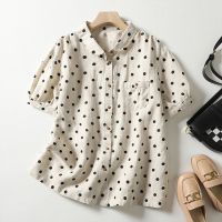 Cotton linen polka dot short-sleeved shirt female 2023 summer new Korean version of the retro lapel loose casual temperament blo