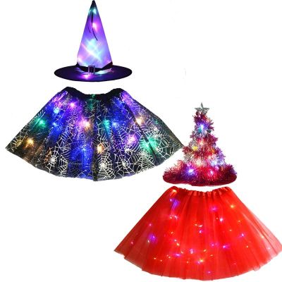 [Cos imitation] ผู้ใหญ่เด็ก Light Up แม่มดหมวกแมงมุมเว็บกระโปรงใยแมงมุมพรรค LED เจ้าหญิงต้นคริสต์มาสเครื่องแต่งกายคันมายากลเทศกาลฮาโลวีน
