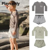 Baby Boy Swimwear Cute Print Round Collar Long Sleeve Top+Elastic Waist Shorts Kid Split Swimsuit Sunscreen Beach Clothes E23296