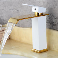 LANGYO Luxury White Gold Bathroom Wash Basin Faucet Waterfall Spout Taps Hot Cold Water Sink 1 Handle Faucet