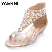 YAERNIDesigner T-Strap Pearl Beading รองเท้าแตะผู้หญิงหรูหราสีดำ ทอง Flip Flops ขนาดเล็ก Wedges Gladiator รองเท้าแตะผู้หญิง ShoesE1130 ~