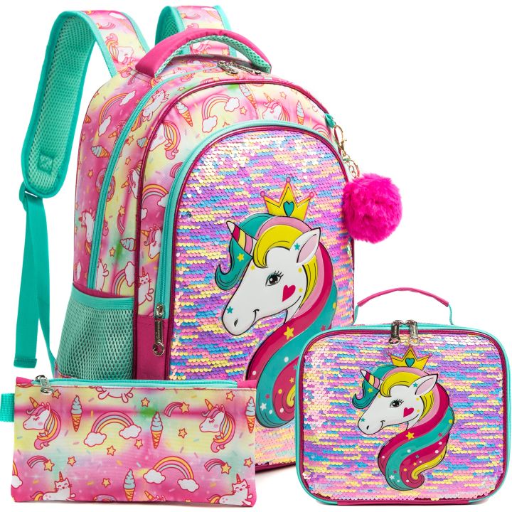 Backpack For Girls Gliter Sequin Backpacks For Elementary School Bag With Lunch Box For Kindergarten Students