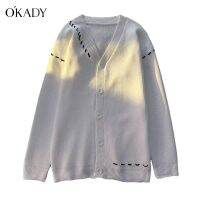 OKADY เสื้อสเวตเตอร์ถักแฟชั่นฤดูใบไม้ร่วงใหม่สบายๆร้อนขายเสื้อคอวี