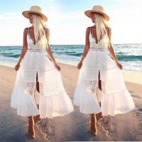 COD DSFGRDGHHHHH NFW-Women Vintage Lace Long Dress Solid Color Sleeveless Sling Deep V Neck Bohemian Beach Dress