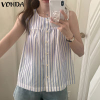 (จัดส่งฟรี)Fancystyle VONDA เสื้อผู้หญิงแขนกุดลายทางเสื้อยืดคอกลมในที่ทำงานเสื้อกล้ามมีกระดุม