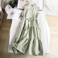 Daily order Uniqlo womens slub yarn plaid sleeveless dress pleated with pockets long skirt A-line skirt summer 458233