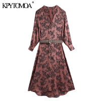 KPYTOMOA Women 2021 Chic Fashion With Belt Animal Print Cozy Midi Dress Vintage V Neck Button-up Female Dresses Vestidos Mujer