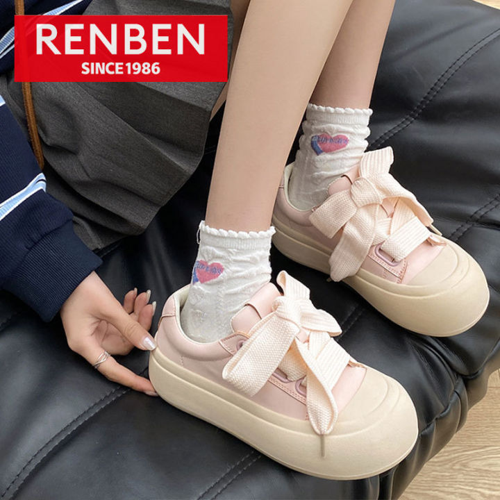 renben-รองเท้าผู้หญิงอเนกประสงค์น้ำหนักเบา-รองเท้าสีขาวเล็กๆน้อยๆสไตล์ฮ่องกงรองเท้าฐานหนาเพิ่มความสูง