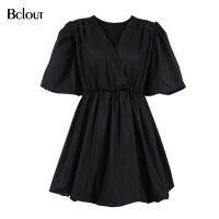 Bclout Elegant White Pink V Neck Bodycon Dress Women  Summer Puff Sleeve Short Dress Casual A-Line Pleated Vestido Lady