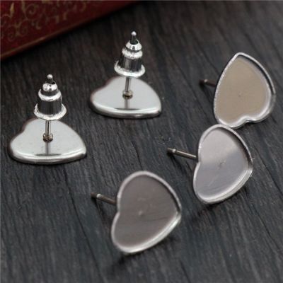(Never Fade) 20pcs 10mm Heart Stainless Steel Earring Base Studs Ear Cameo Settings Cabochon Base Tray Blank (With Back)-T5-44 DIY accessories and oth