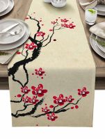 【LZ】⊙๑❍  Cherry Blossom Branch Flower Style Linen Table Runners Wedding Decor Coffee Table Holiday Home Ornament Dinner Tablecloth