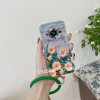 เคสโทรศัพท์ Realme11 Pro Realme 11 Pro+ Plus C55 NFC 5G เคส ปลอกร้อน ดีไซน์ใหม่หรูหราวินเทจบลูเรย์ภาพวาดสีน้ำมันดอกไม้พลอยเทียมปกอ่อนพร้อมสร้อยข้อมือ Case 2023