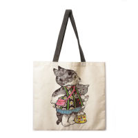 Japanese style illustration cat girl print handbag lady linen bag lady shoulder bag outdoor handbag foldable shopping bag