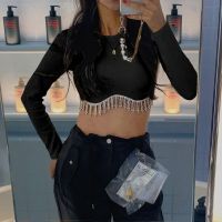 Chic seamless Rhinestone Tassel Bibbed Crop Top 2023 New Round Neck Diamond Chain Splicing Sexy Hot Girl Y2K Cute Tops Women