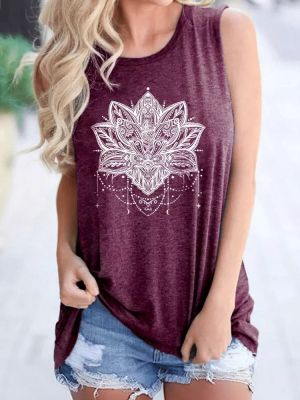 [ใหม่] 2022ฤดูร้อนแขนกุด O-คอเสื้อ Mandala พิมพ์ผู้หญิง Tees หญิงเสื้อลำลอง Lady Camis หลวมดอกไม้ Tee