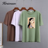 Hirsionsan Chic พิมพ์ฝ้าย T เสื้อผู้หญิงฤดูร้อนหลวมๆขนาดใหญ่ Aesthetic Graphic เสื้อผ้าหลวมหญิงเสื้อ