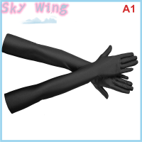 Sky Wing ถุงมือป้องกันแสงแดดผ้าสแปนเด็กซ์ยืดหยุ่นสูงสำหรับงานปาร์ตี้ไนท์คลับงานแต่งงานถุงมือสีดำ