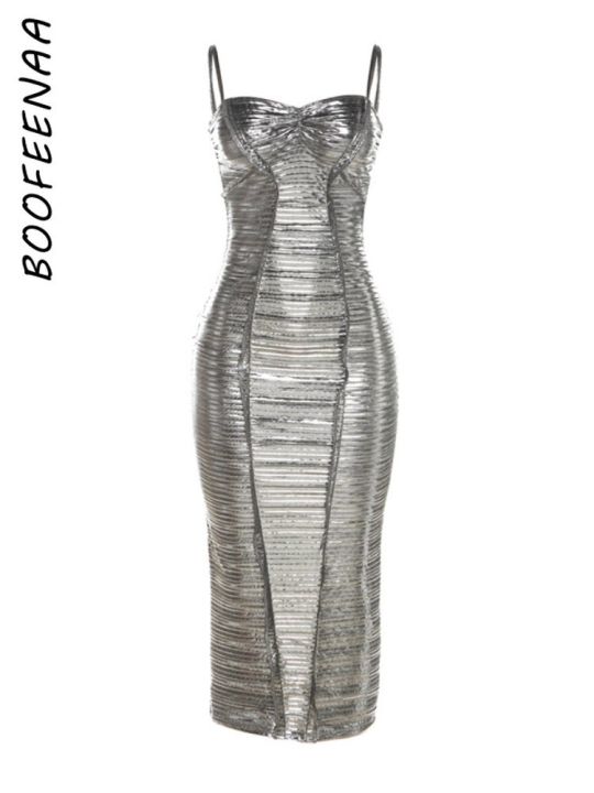 boofeenaa-ชุดเดรสปาร์ตี้เงินเมทัลลิกสำหรับผู้หญิงชุดไนท์คลับชุดเดรสยาวรัดรูปแต่งระบายฤดูร้อน-c96-ez24