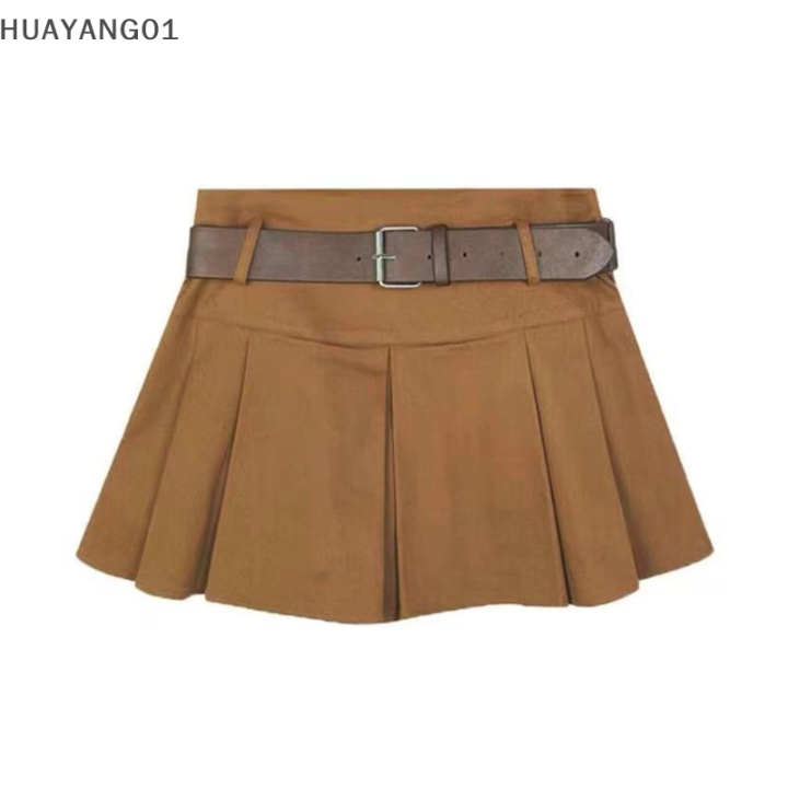 huayang01-2023แฟชั่นสุดฮอตใหม่เสื้อยืดกระโปรงมีจีบสีทึบ-rok-mini-สีกากีพร้อมเข็มขัดลำลอง-y2k-เพรพพี้