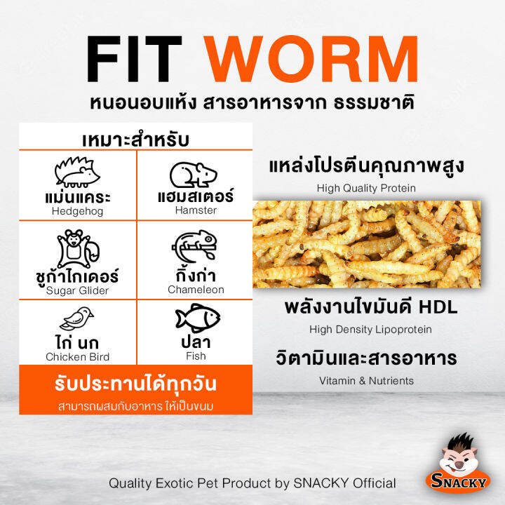 snacky-fit-worm-high-protien-สแนคกี้ฟิต-วอร์ม-หนอนอบแห้ง-โปรตีนสูง-สำหรับ-สัตว์เลี้ยง-เม่นแคระ-แฮมสเตอร์-ชูก้าไกเดอร์-ขนาด-80-กรัม-1ถุง