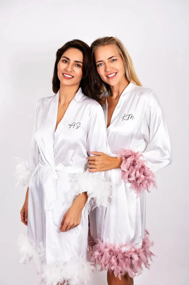 Bride Satin Robe With Feathers Custom Bachelorette Bridal Party