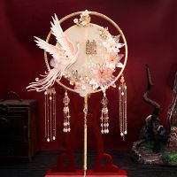 Antique Wedding Round Fan Double-sided Married Hand Embroidery Phoenix Long Handle Happy Fan Photo Props Dance Party Fan