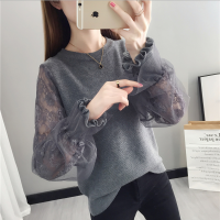 Girl Mesh Long Sleeve Knitted Sweater Female O-neck Loose Lazy Stitching Lantern Sleeve Lace Bottoming Jumper Spring  Spring