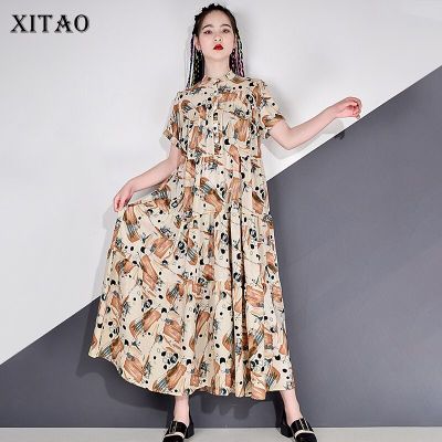 XITAO Dress Fashion Pleated Loose Stand Collar Casual Women Print Dress