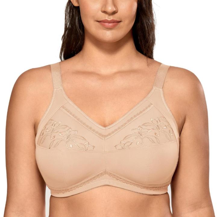 2021Womens Cotton Embroidered Full Coverage Support Wirefree Non-padded Mastectomy Pocket Bra Plus Size